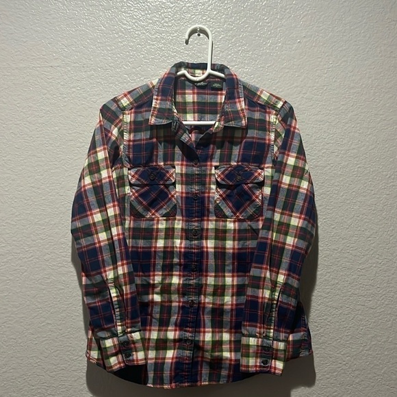 Eddie Bauer Flannel Shirt Women M Navy Blue Pink Plaid Pockets 100% Cotton - Picture 1 of 8